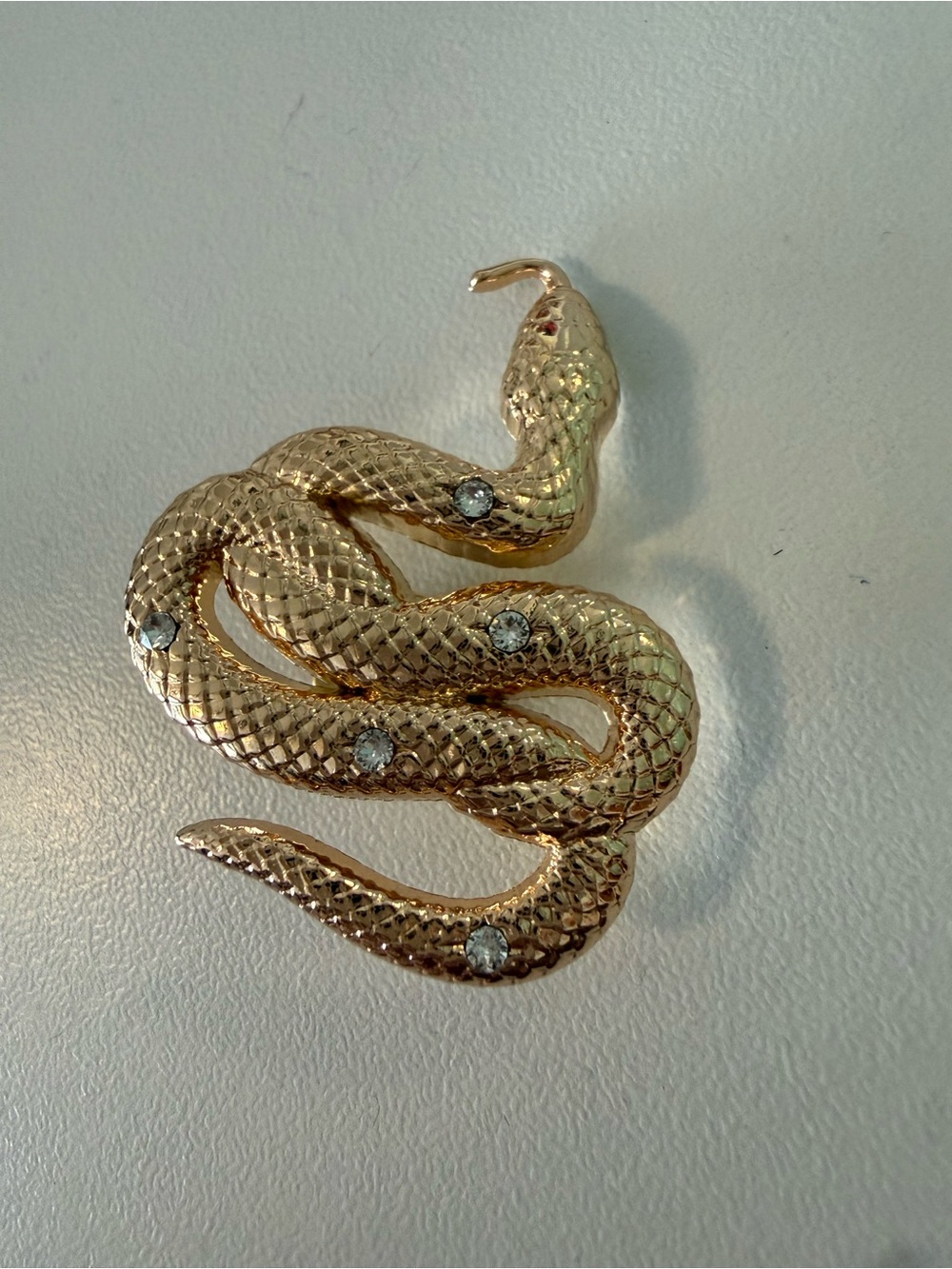 Gold Snake Brooch with Clear Crystal Accents